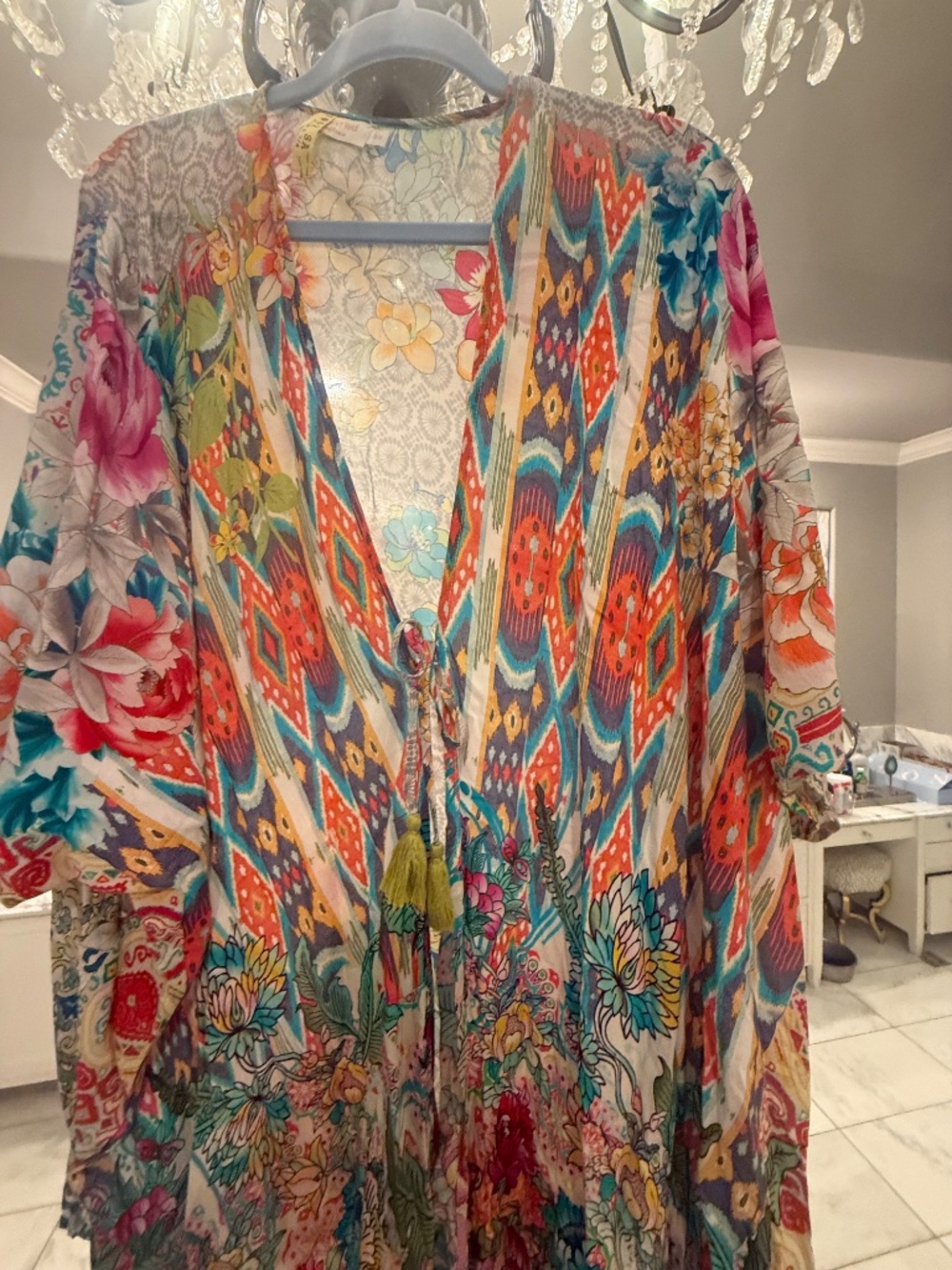 Johnny Was Pearce Silk Kimono | Vibrant Boho Floral Tassel Tie - Picture 9 of 12